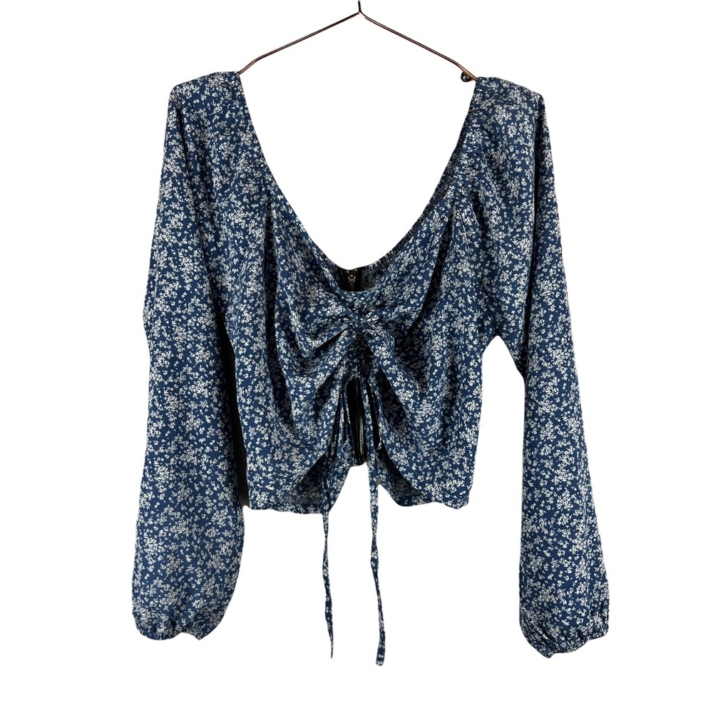 SHEIN Curve Cropped Blue Floral Blouse - Size 1XL
